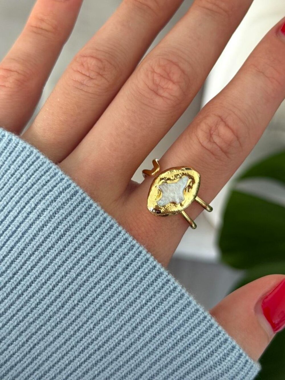 Sku0678 Gold ring natural white pearl stone cross Stainless steel + gift box